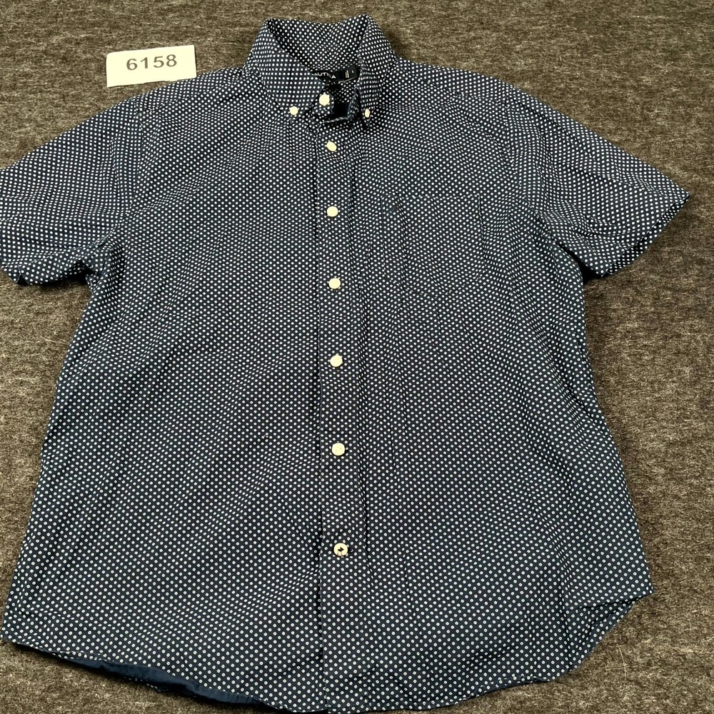 Nautica Shirt Mens Large Navy Blue White Floral Slim Fit Collared Button Down